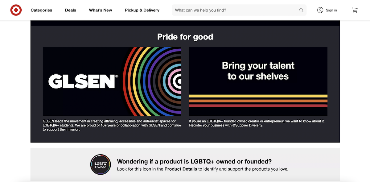 Screenshot of Target's Pride website page.