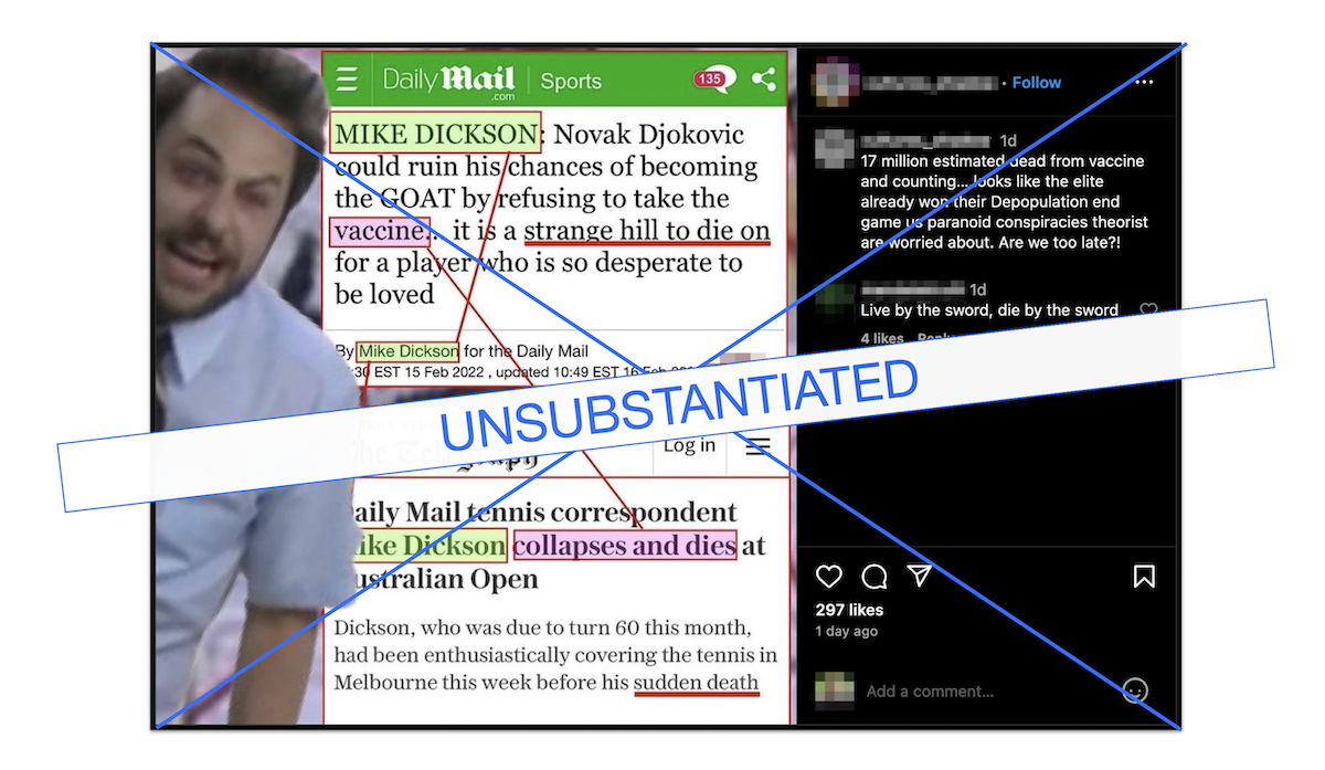 Graphic for unsubstantiated post that claims Mike Dickson's death is connected to COVID-19 vaccines