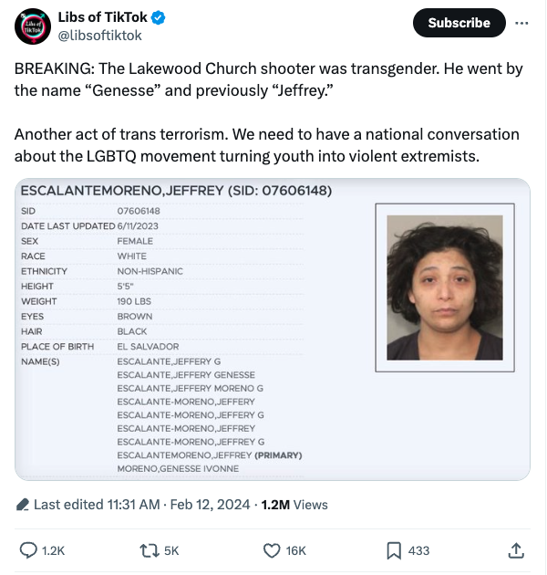 Screenshot of Libs of TikTok Lakewood shooter tweet