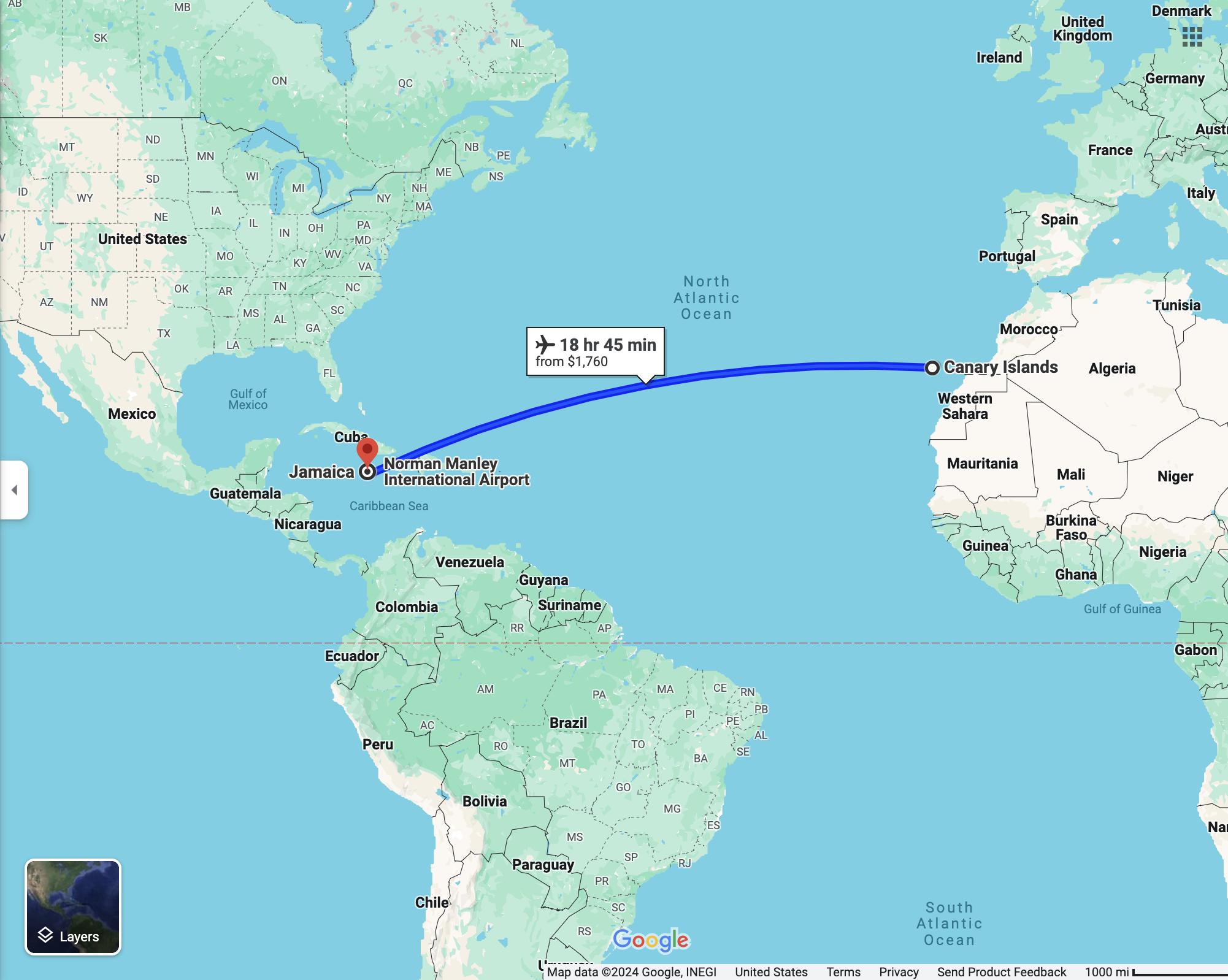 Google Maps de Jamaica hacia las islas Canarias