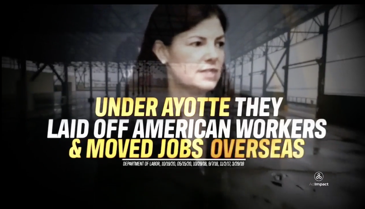 Still from Joyce Craig ad about layoffs under Kelly Ayotte