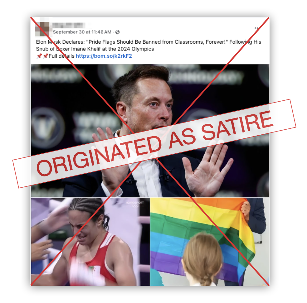 False embed Elon Musk ban pride flag satire, 10-2-2024