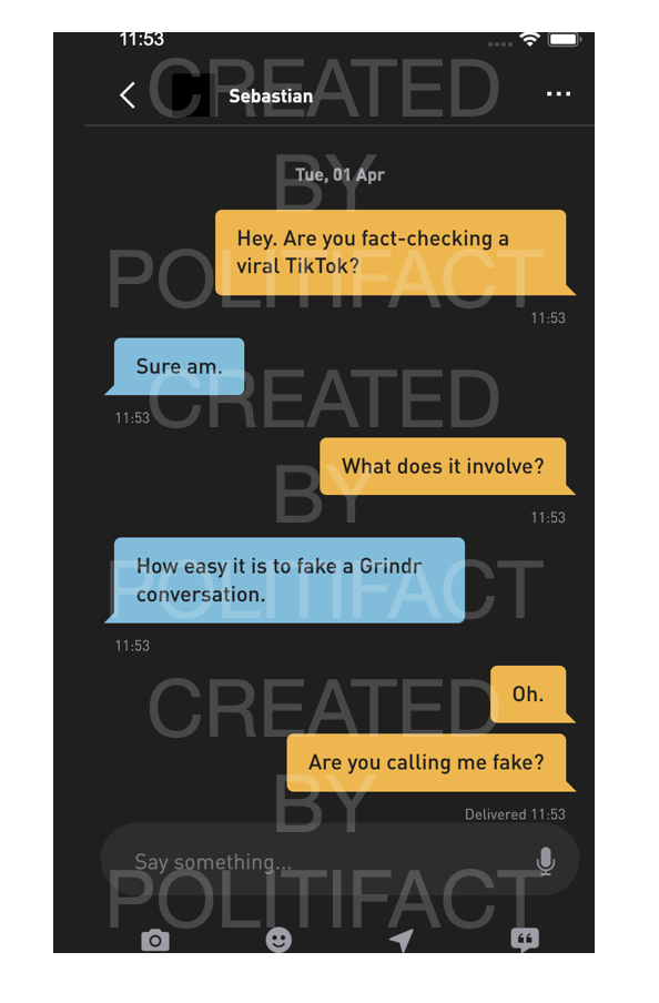 Fake Grindr chat created by PolitiFact