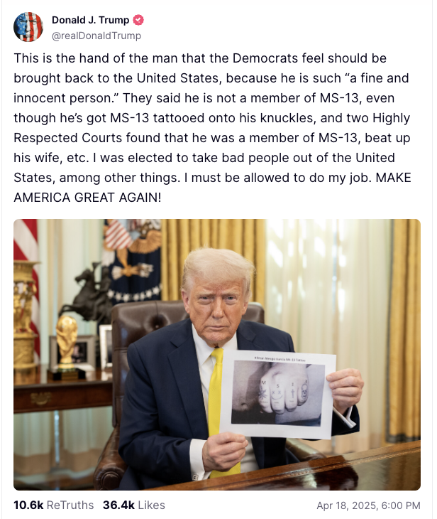 Trump post on Abrego Garcia's hand tattoos