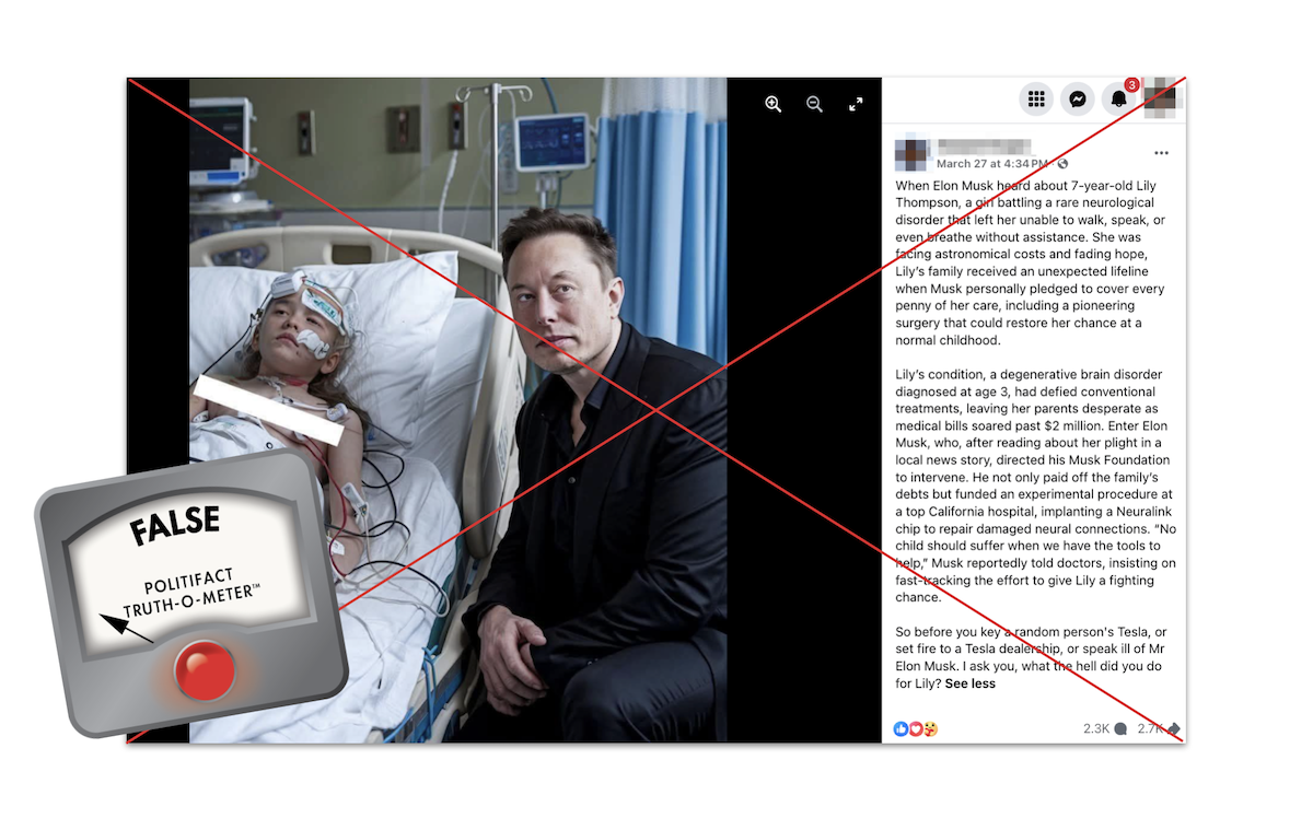 Screenshot of Elon Musk and Lily Thompson claim, with False graphic, 04-01-2025