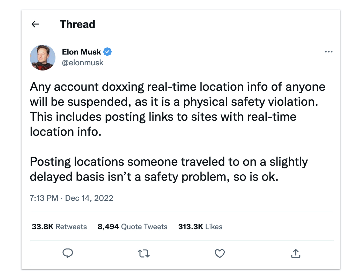 Screenshot of Musk's Dec. 15 tweet about "doxxing"