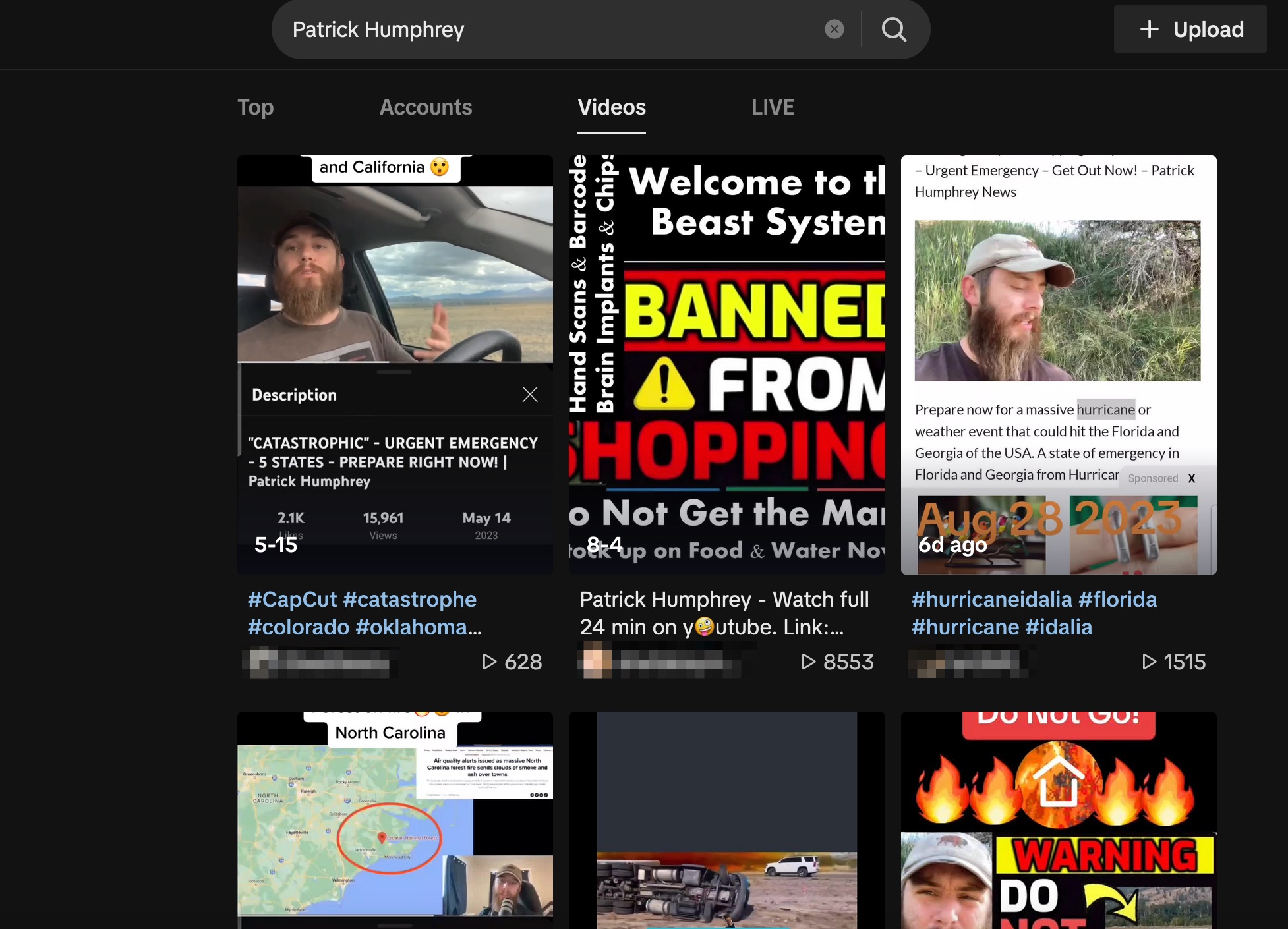 Screenshot of Patrick Humphey's videos from TikTok, 9-5-2023