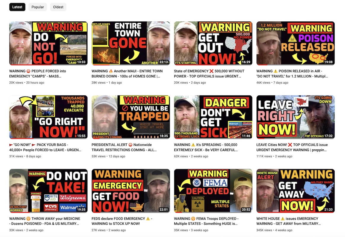 Screenshot of Patrick Humphrey's YouTube videos, 8-28-2023