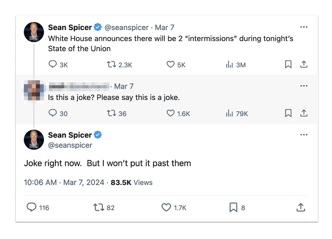 Screenshot of Sean Spicer's tweets about a SOTU "intermission"
