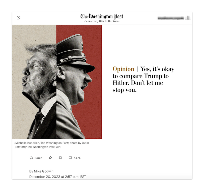 Screenshot of WaPo opinion piece with Trump and Hitler image 10-23-2024