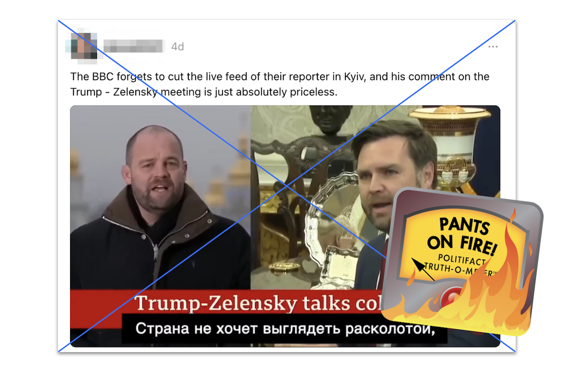 Screenshot of claim about BBC reporter hot mic moment, with POF graphic, 3-10-2025