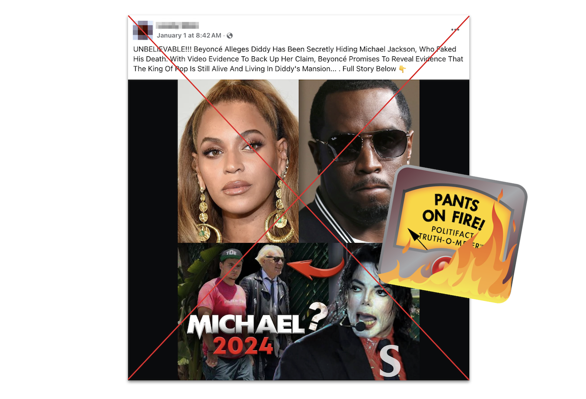 Screenshot of claim that Beyonce alleged Diddy is hiding Michael Jackson, with POF graphic, 01-09-25