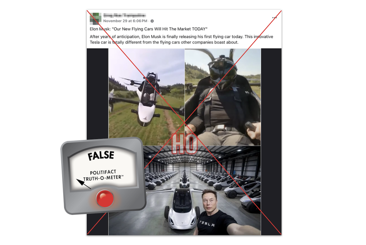 Screenshot of claim about Musk releasing a flying car, with False graphic, 12-02-2024