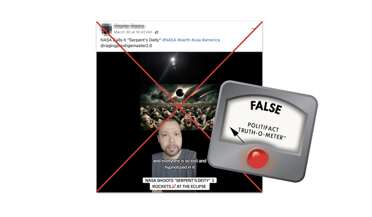 Screenshot of claim about NASA shooting rockets at three moons, with False graphic, 4-04-2024