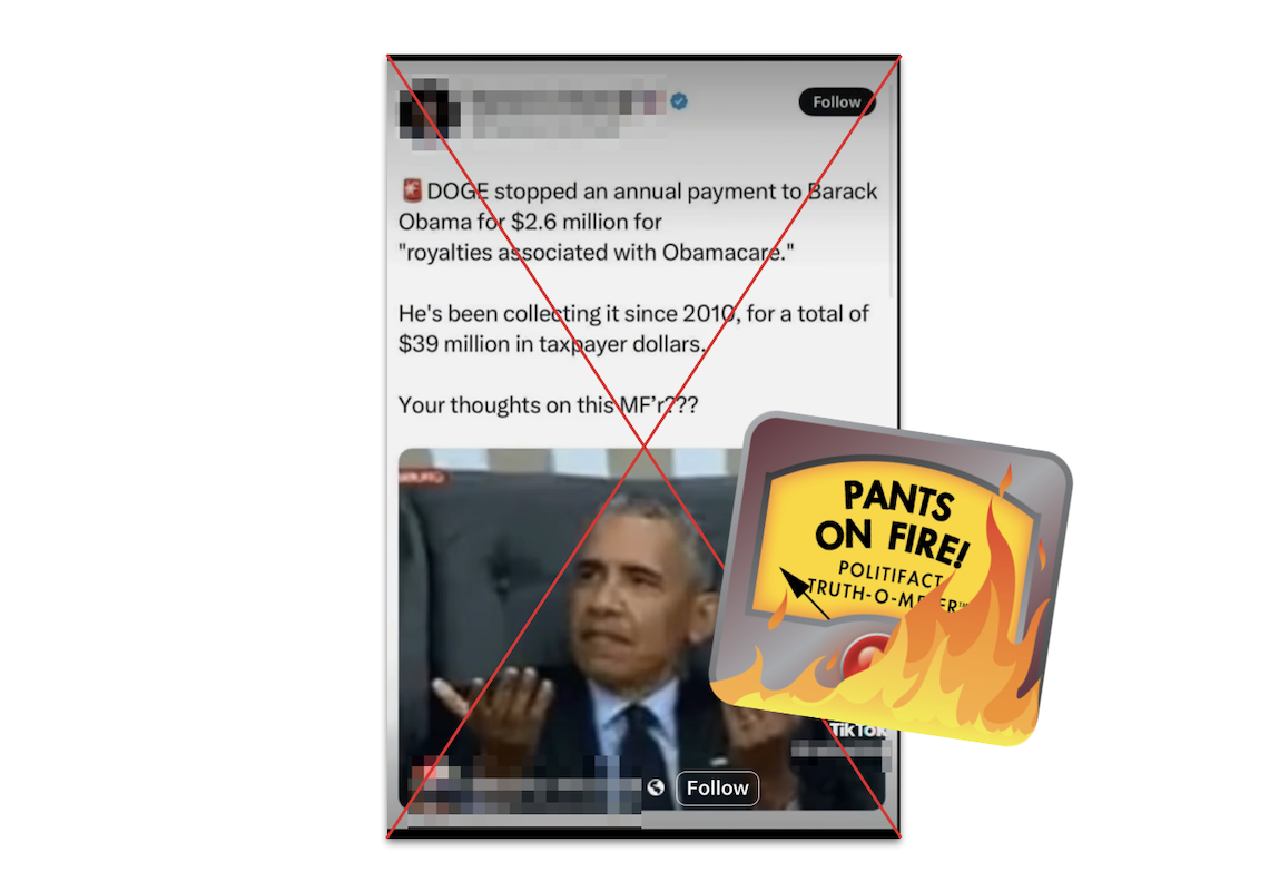 Screenshot of claim about Obamacare royalties, with POF graphic, 03-05-2025