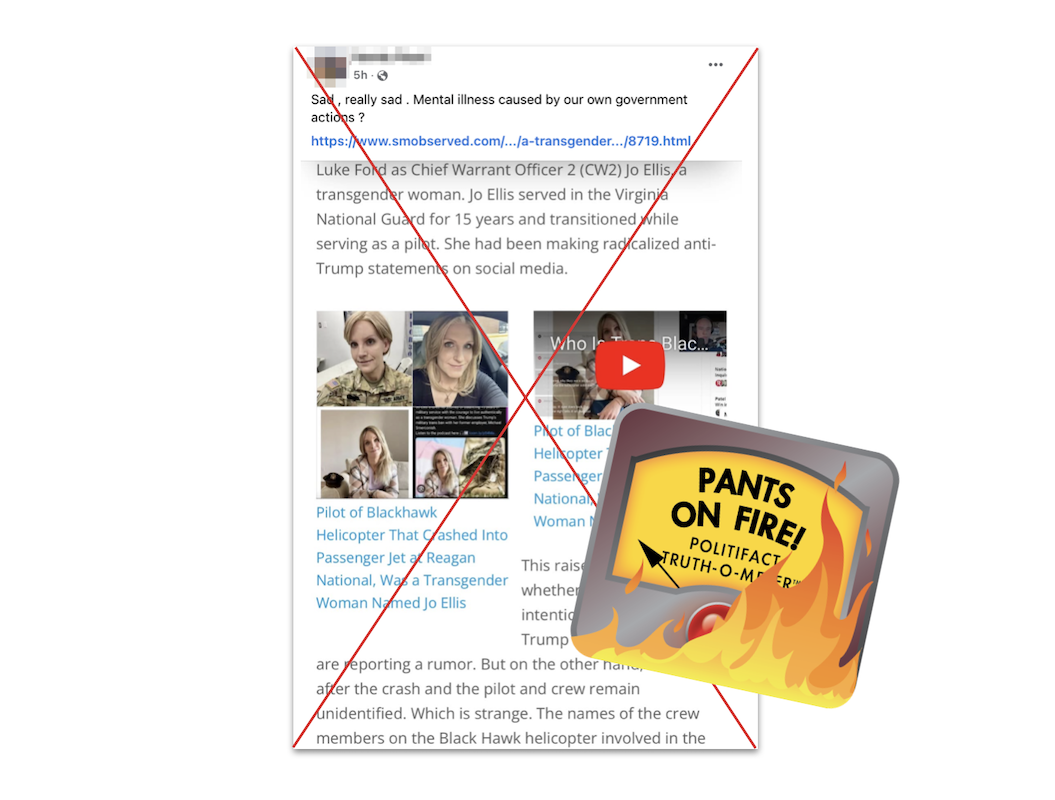 Screenshot of claim about pilot Jo Ellis, with Pants on Fire graphic, 01-31-2025