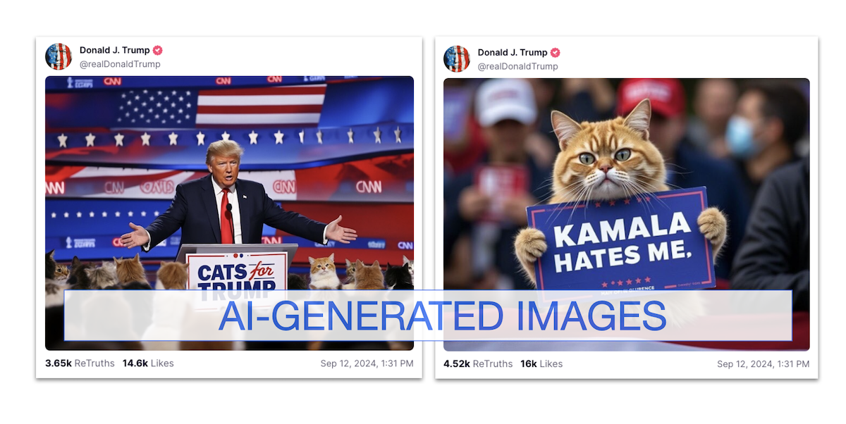 Screenshots of AI-generated images posted by Trump, 9-25-24