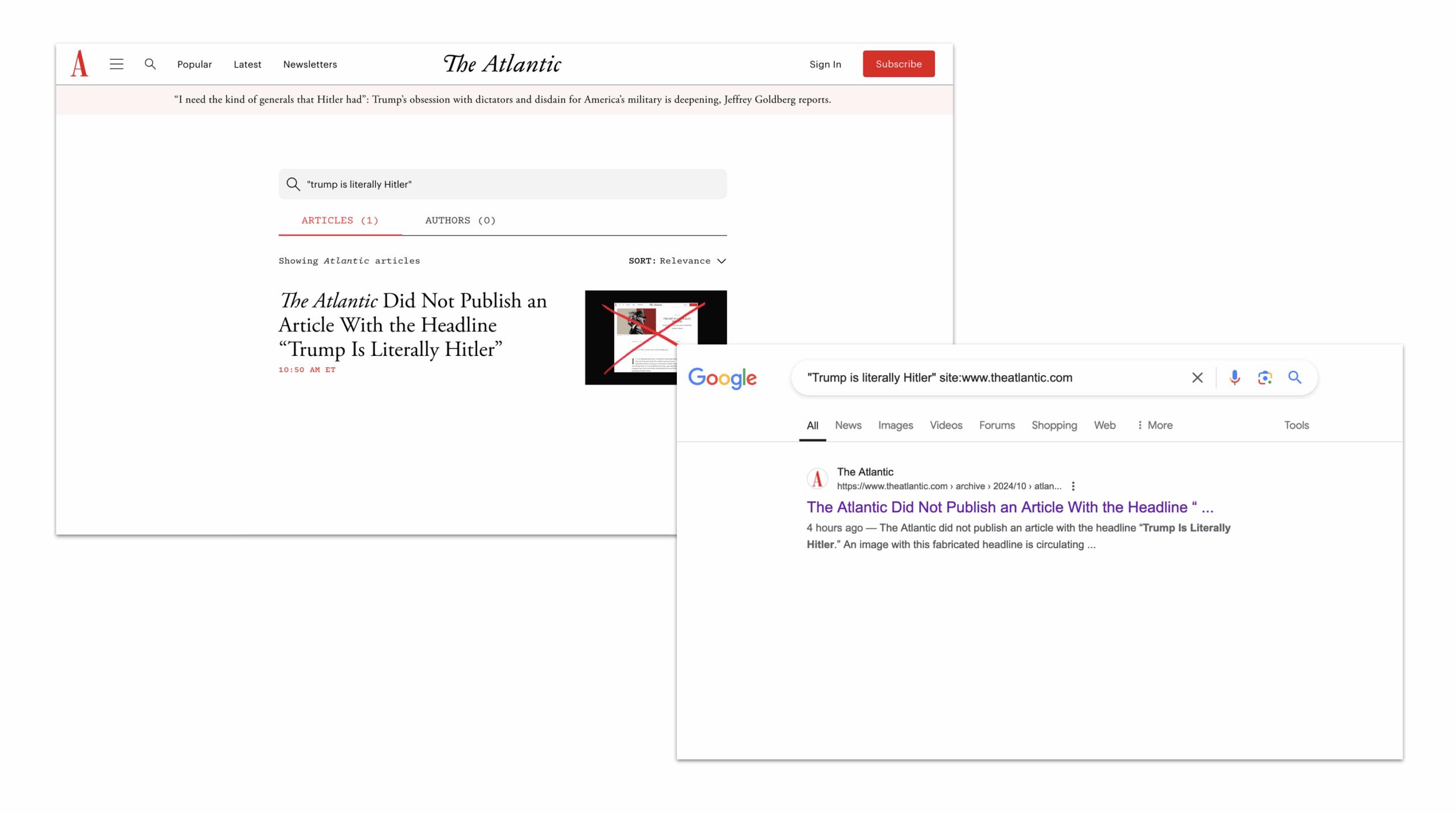 Search screenshots for fake Atlantic headline 10-23-2024
