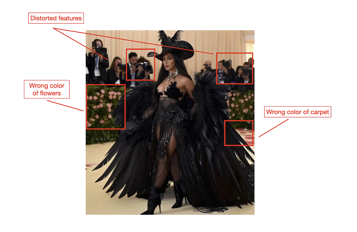 Signs of AI in fake Beyonce Met Gala photo, 5-10-2024
