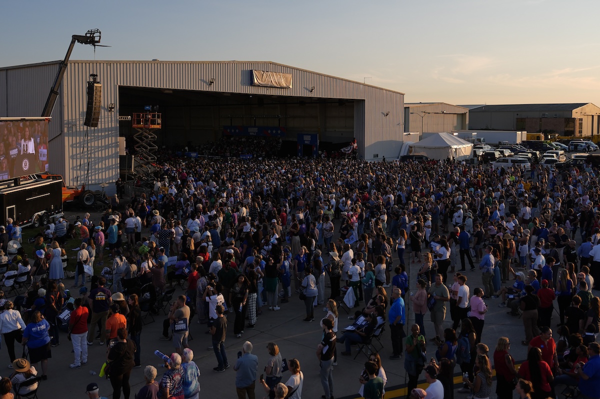 Supporters listen as VP Kamala Harris speaks at campaign rally in Mich. 08-07-2024