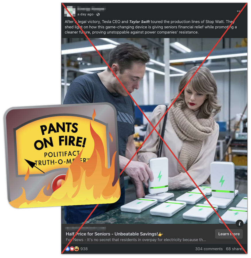 Taylor Swift Elon Musk energy saving device photo claim graphic, 12-16-2024