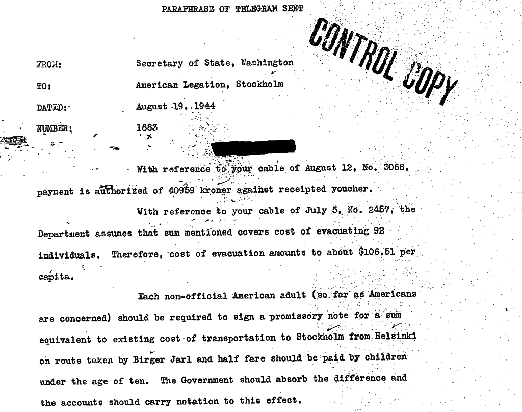 U.S. telegram in August 1944