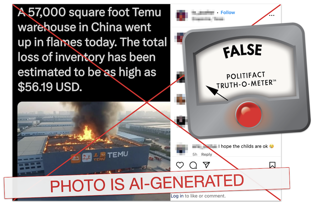 Temu warehouse fire fake photo claim graphic