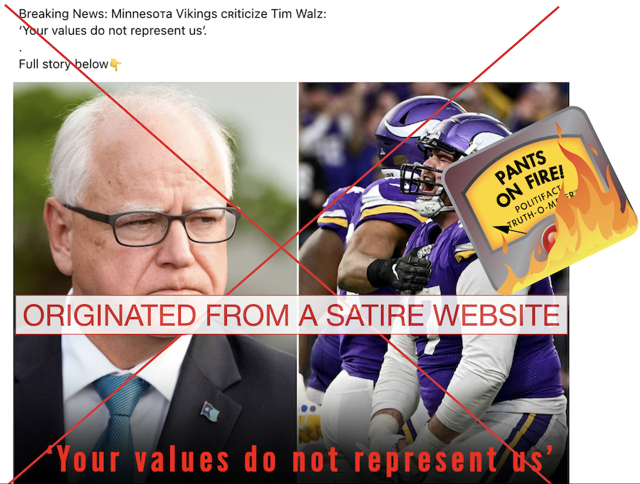 Tim Walz - Minnesota Vikings satire website - 09-12-2024