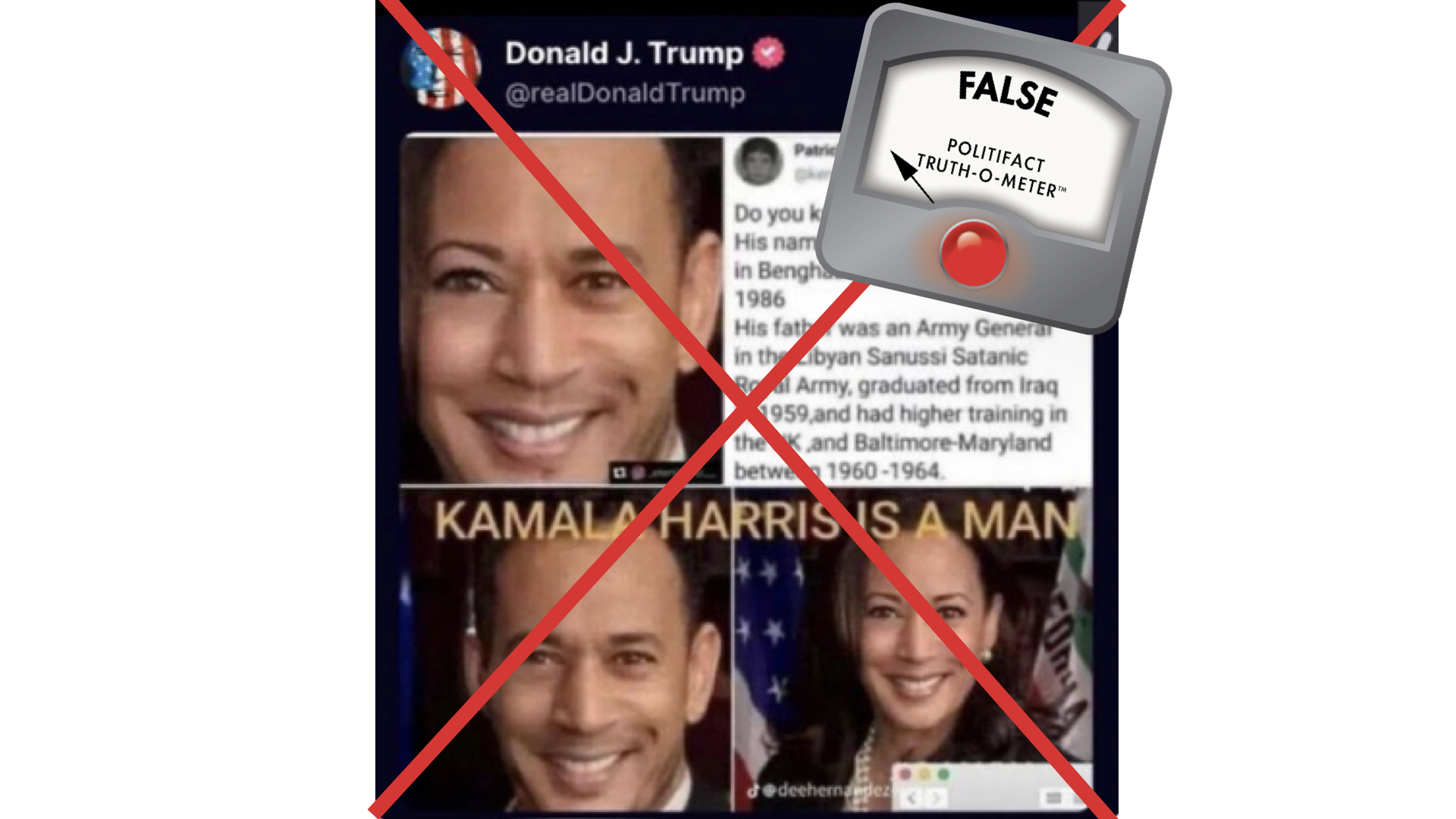 Screenshot of fake Trump post calling Harris man, 8-25-2024