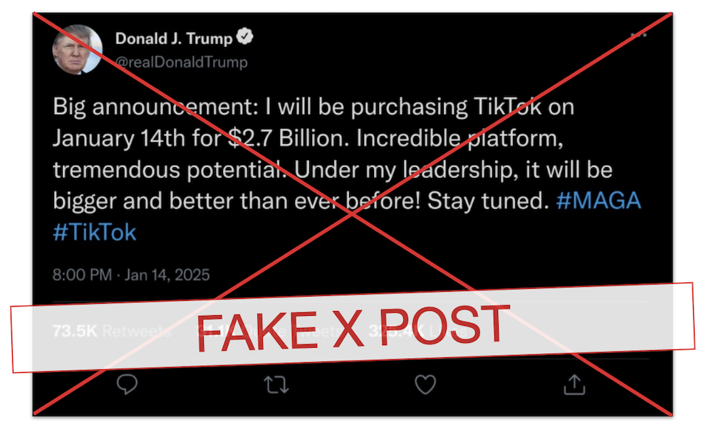 Donald Trump buying TikTok claim fake X post graphic