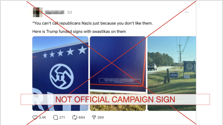Trump campaign sign swastika 11-1-2024