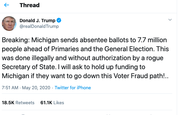 Trump tweet about Michigan ab ballots May 20 2020
