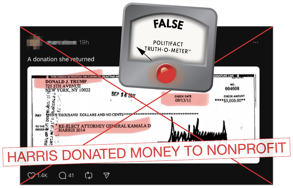 Trump donation to Harris claim graphic, 5-23-2024