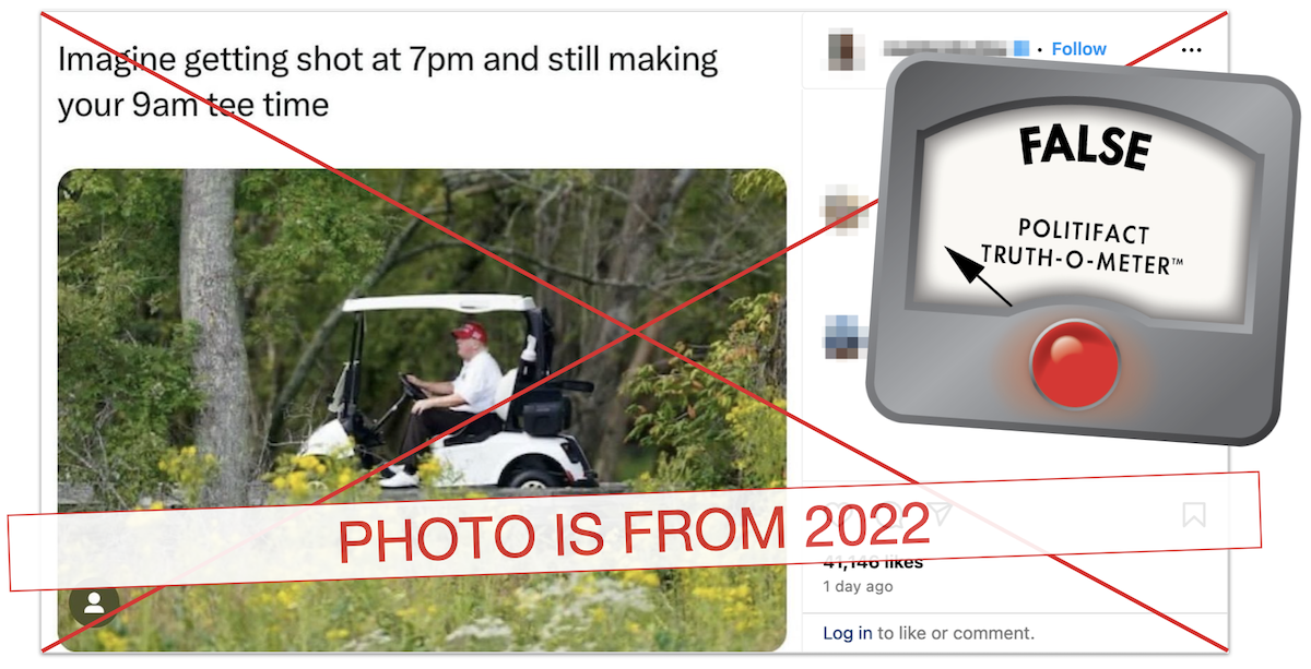 Trump golfing after being shot claim graphic, 7-16-2024
