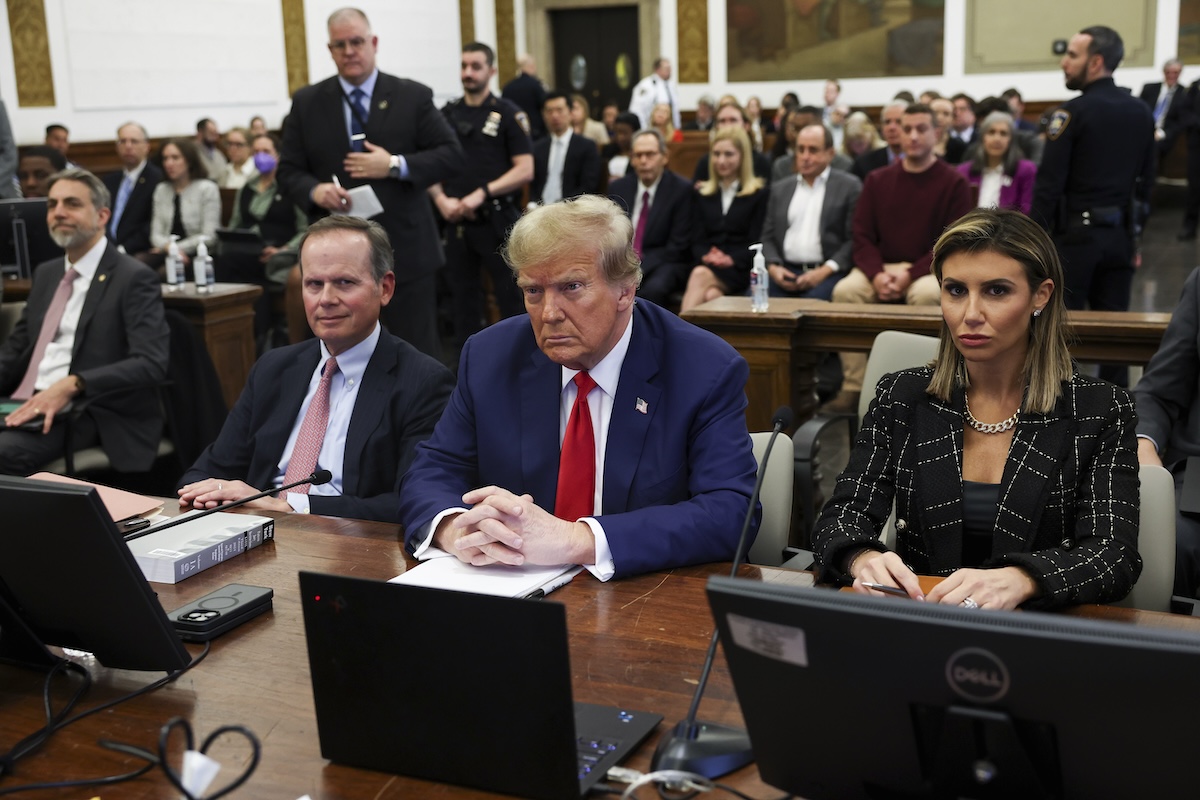 Donald Trump with lawyers Christopher Kise and Alina Habba at civil fraud trial, 01-11-2024