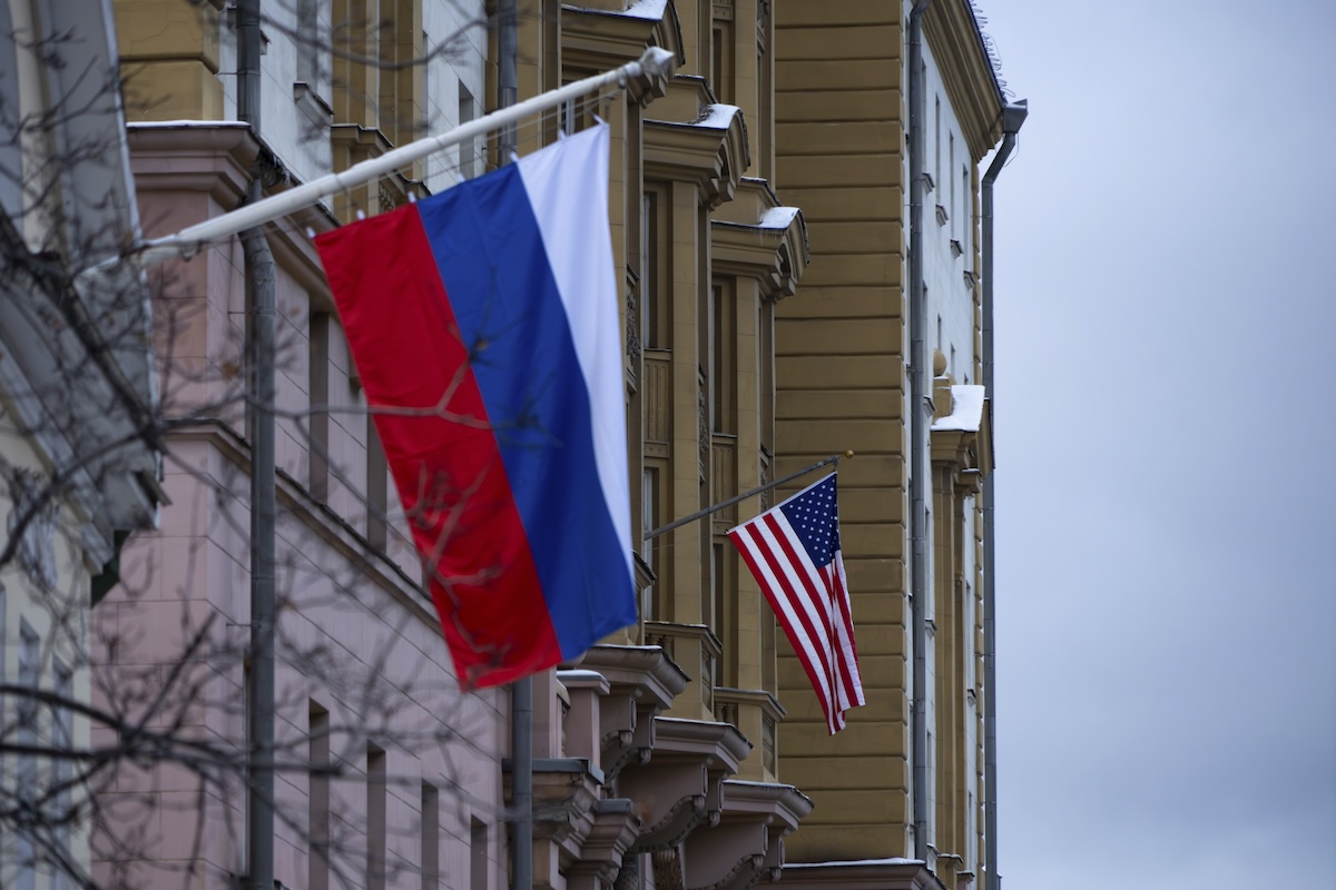 U.S. flag and Russian flag, Moscow, Russia, 11-05-2024