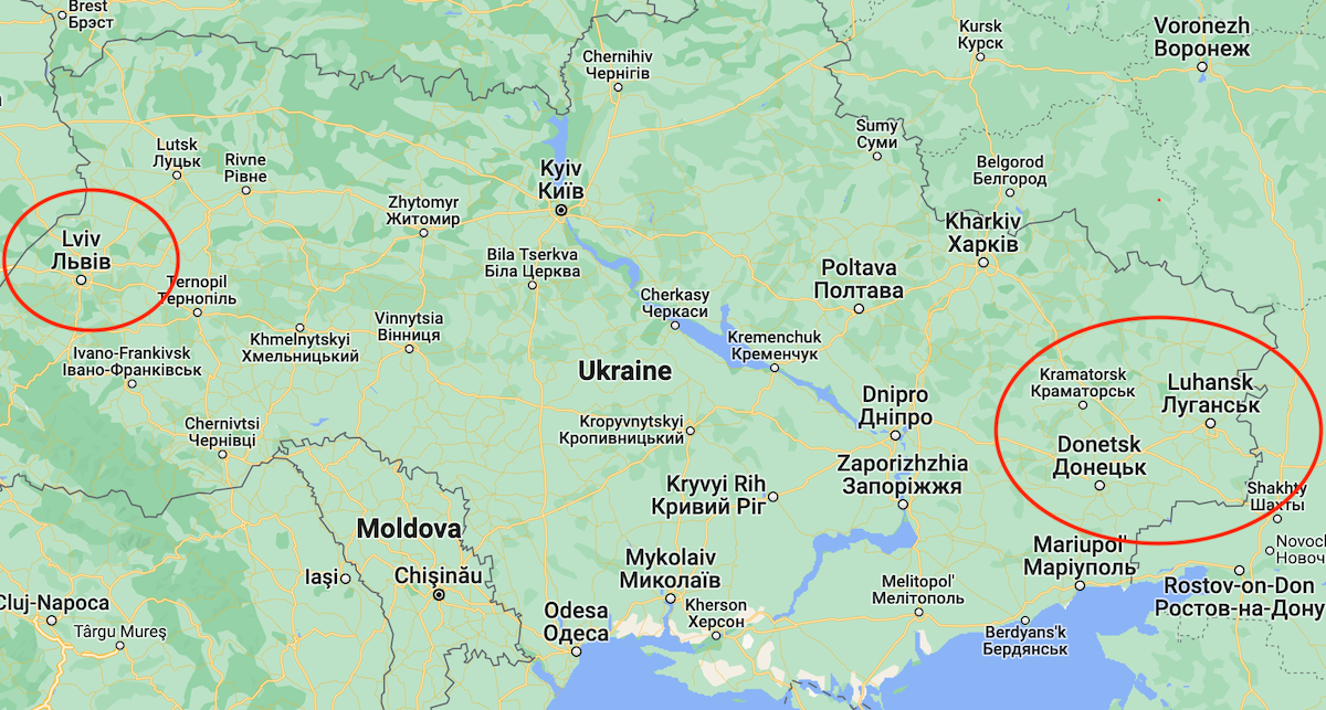 Ukraine map with lyiv and donbas regions circled
