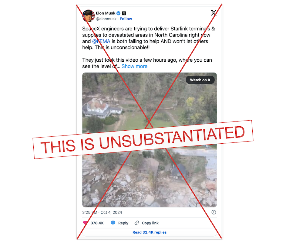 Unsubstantiated graphic for Elon Musk FEMA aid tweet at 325 pm 10-04-2024