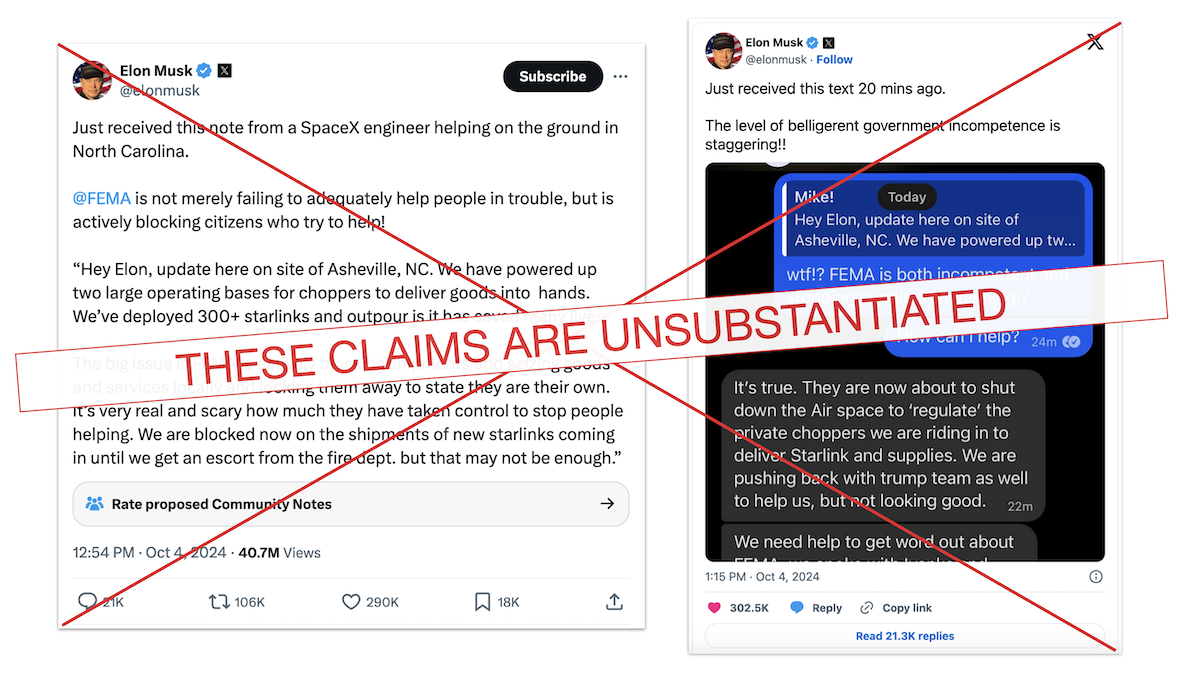 Unsubstantiated graphic for first two Elon Musk FEMA aid tweets 10-04-2024