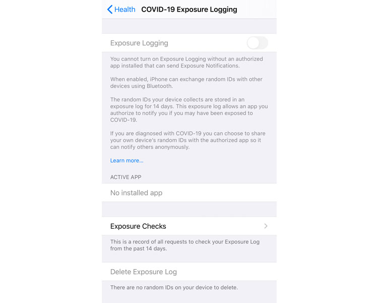 Screenshot of COVID-19 exposure logging