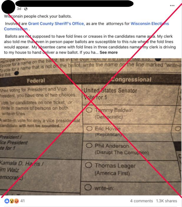Wisconsin creased ballot FB post, crossed out