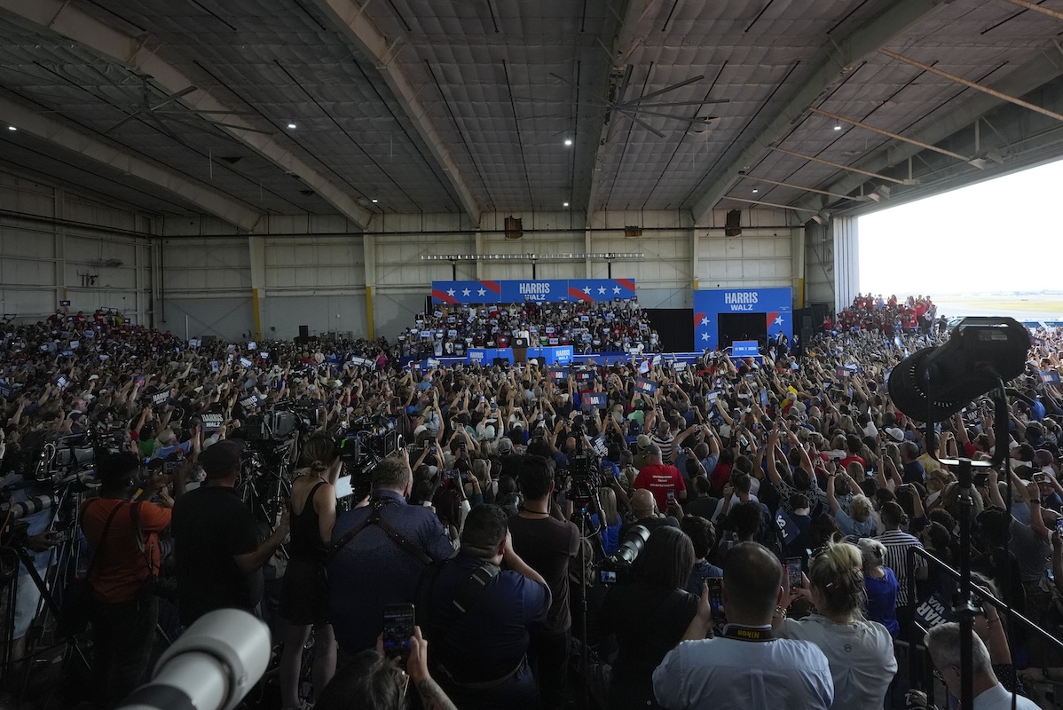 Vice President Kamala Harris speaks at a campaign rally in Romulus, Mich., 08-07-2024