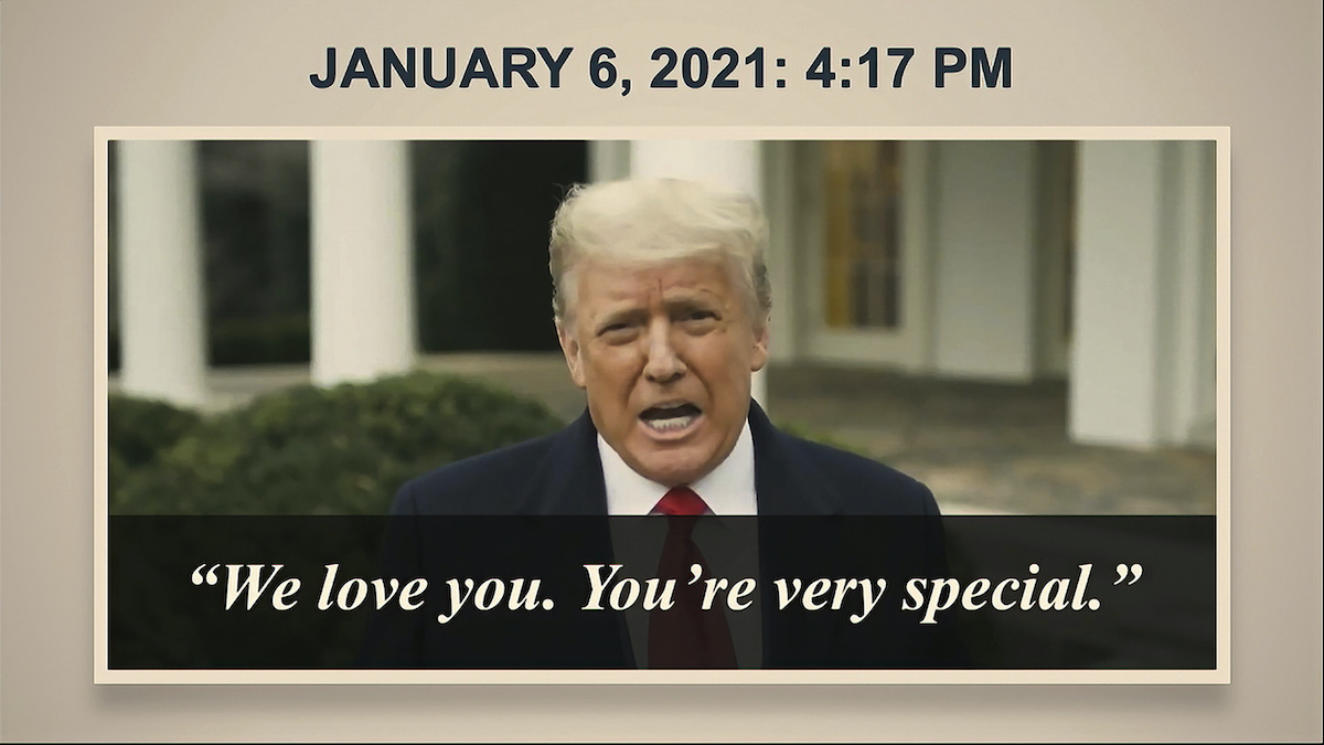 Trump video saying we love you to rioters on Jan. 6 2-10-21