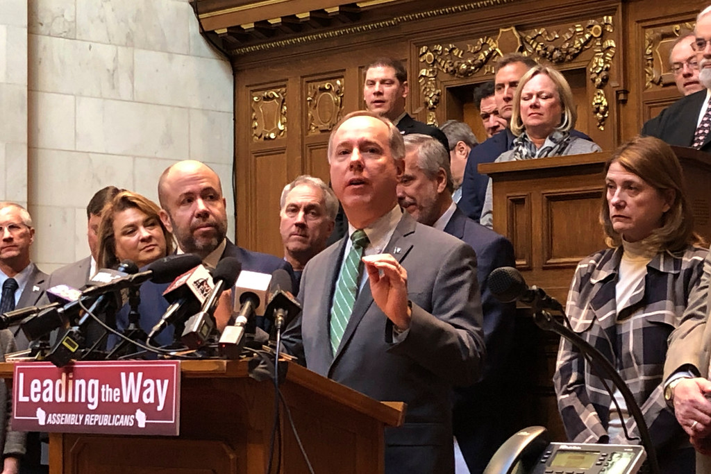 Wisconsin Assembly Speaker Robin Vos speaks to reporters in the Assembly chamber ahead of their final day in session Thursday, Feb. 20, 2020. (AP/Scott Bauer)