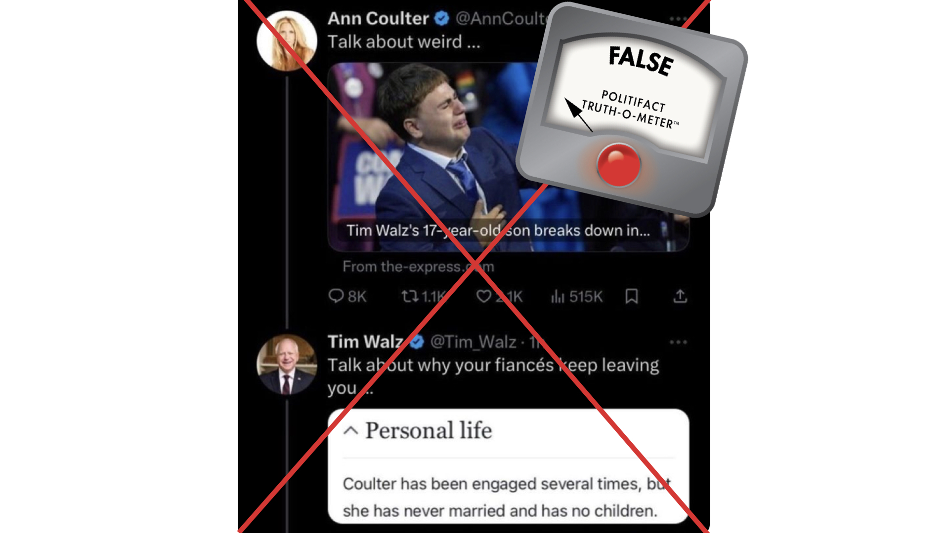Screenshot of fake Tim Walz X response to Ann Coulter,  8/28/24
