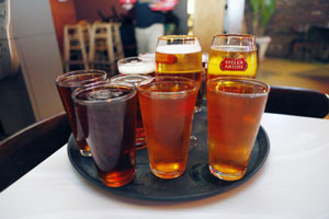 Beer in pints on a tray