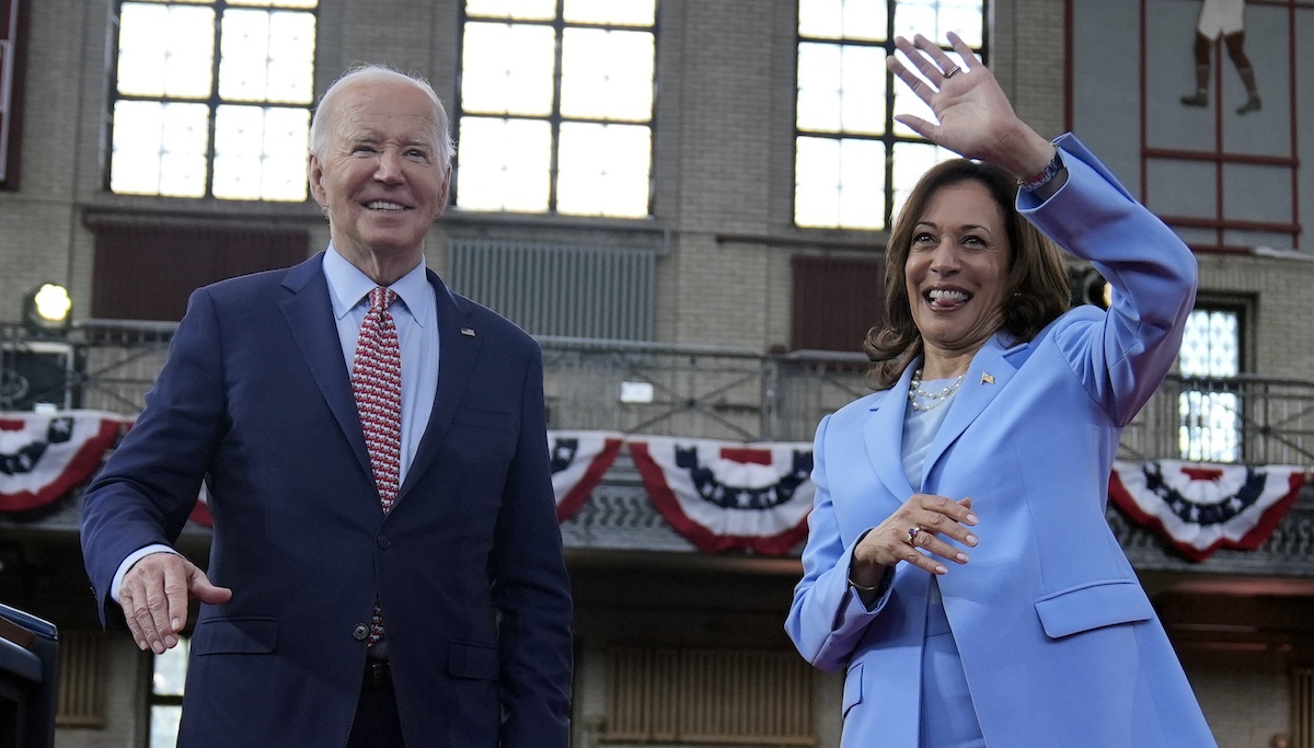 Joe Biden and Kamala Harriws onstage during a rally in Philadelphia, 5-29-2024