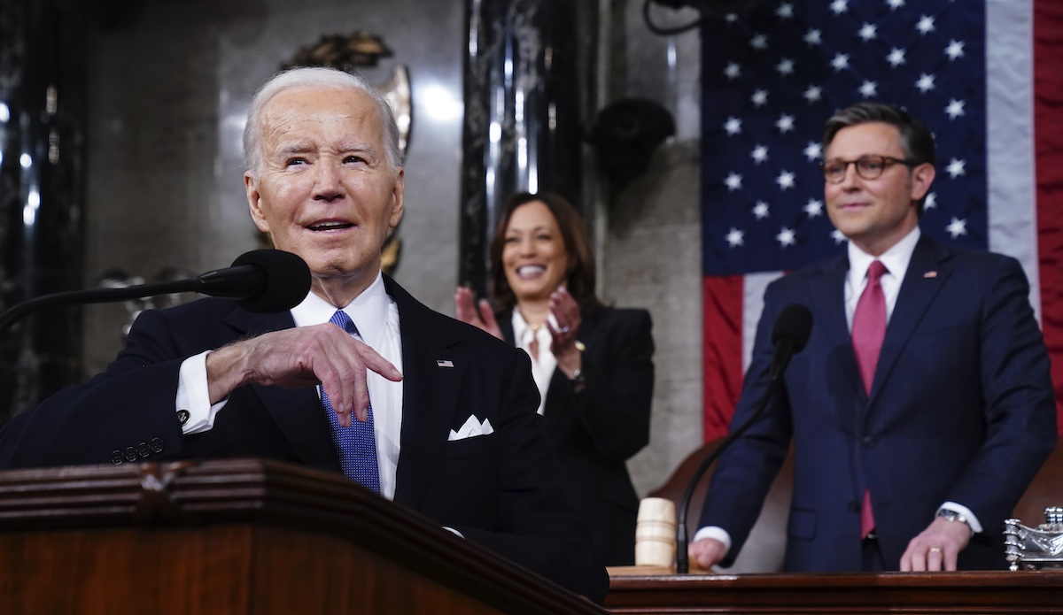 House Speaker Mike Johnson, Vice President Kamala Harris and President Joe Biden at the State of the Union in Washington, 3-7-2024