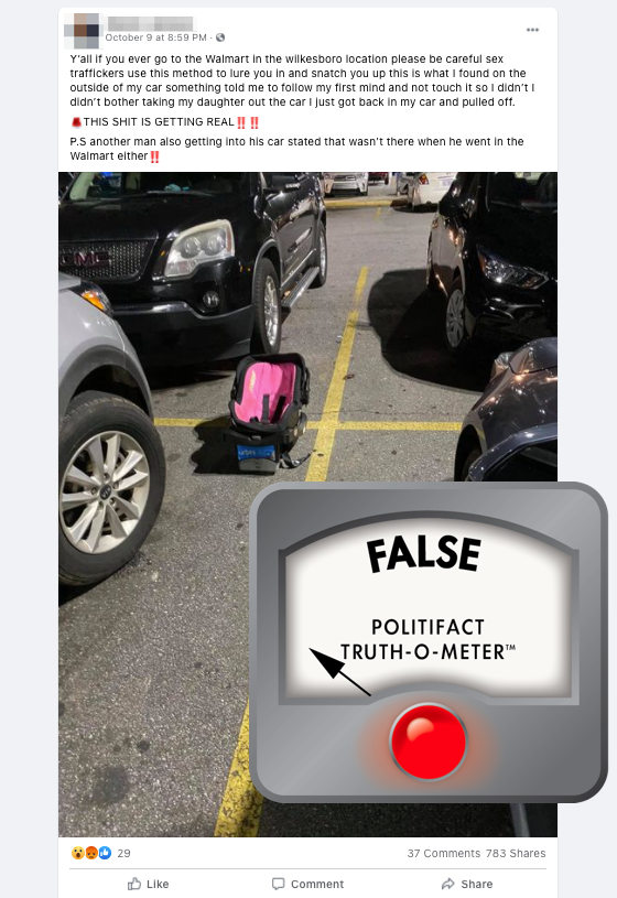 Car seat sex traffficking rumor October 2021 with False logo