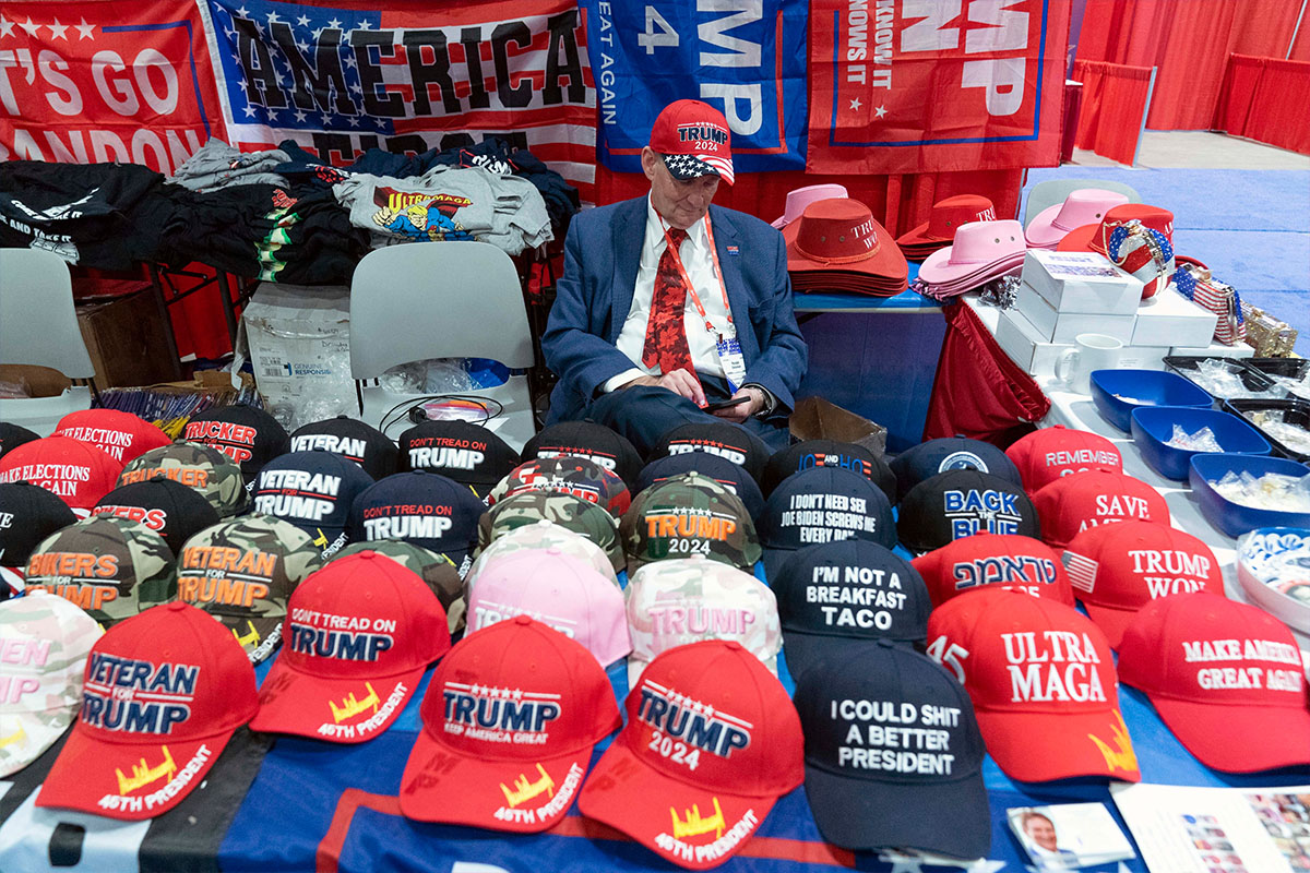 Swag booth selling shirts at CPAC in March 2023
